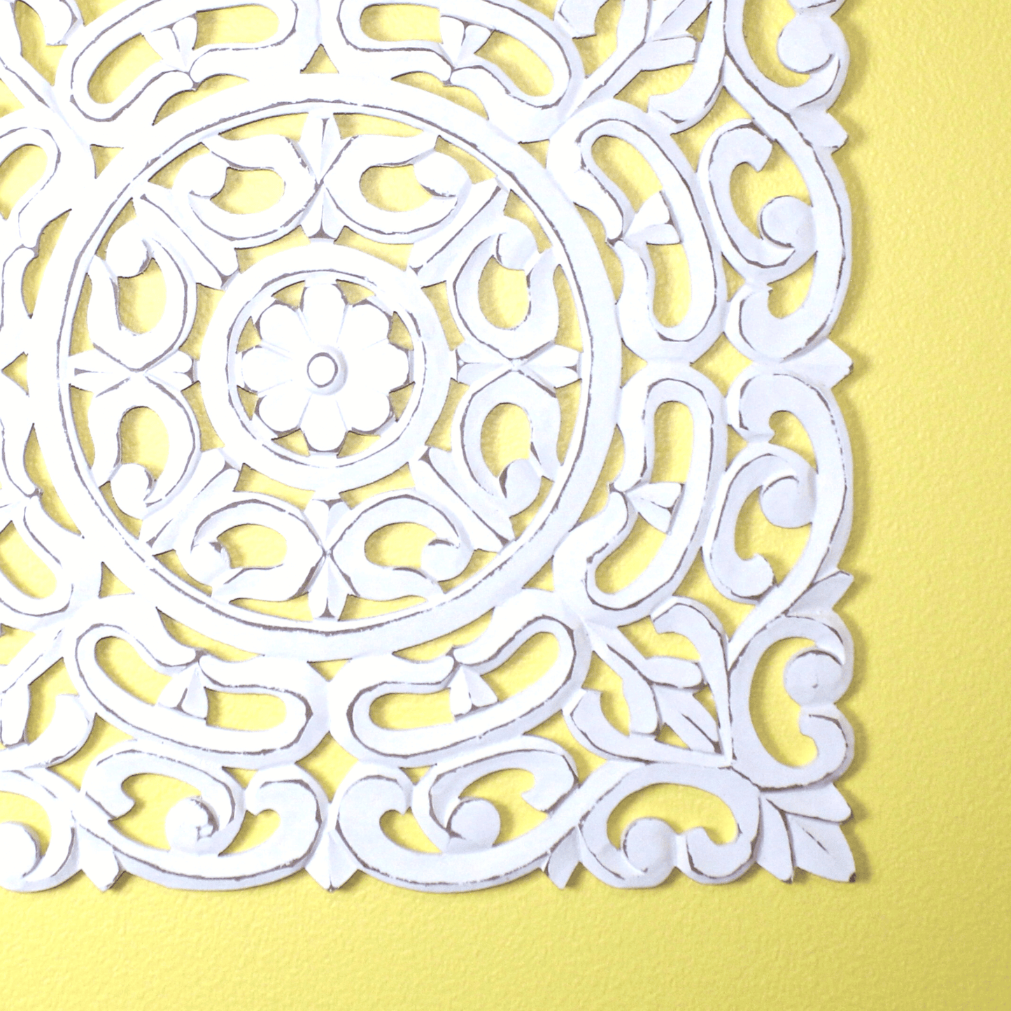 Whitewashed Square Wooden Wall Panel – Carved Floral Scroll Medallion