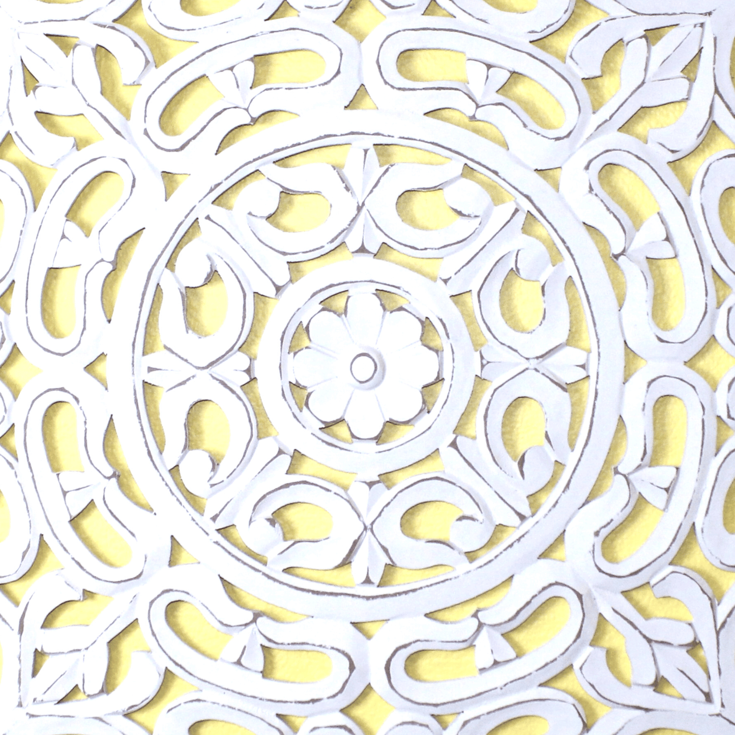 Whitewashed Square Wooden Wall Panel – Carved Floral Scroll Medallion