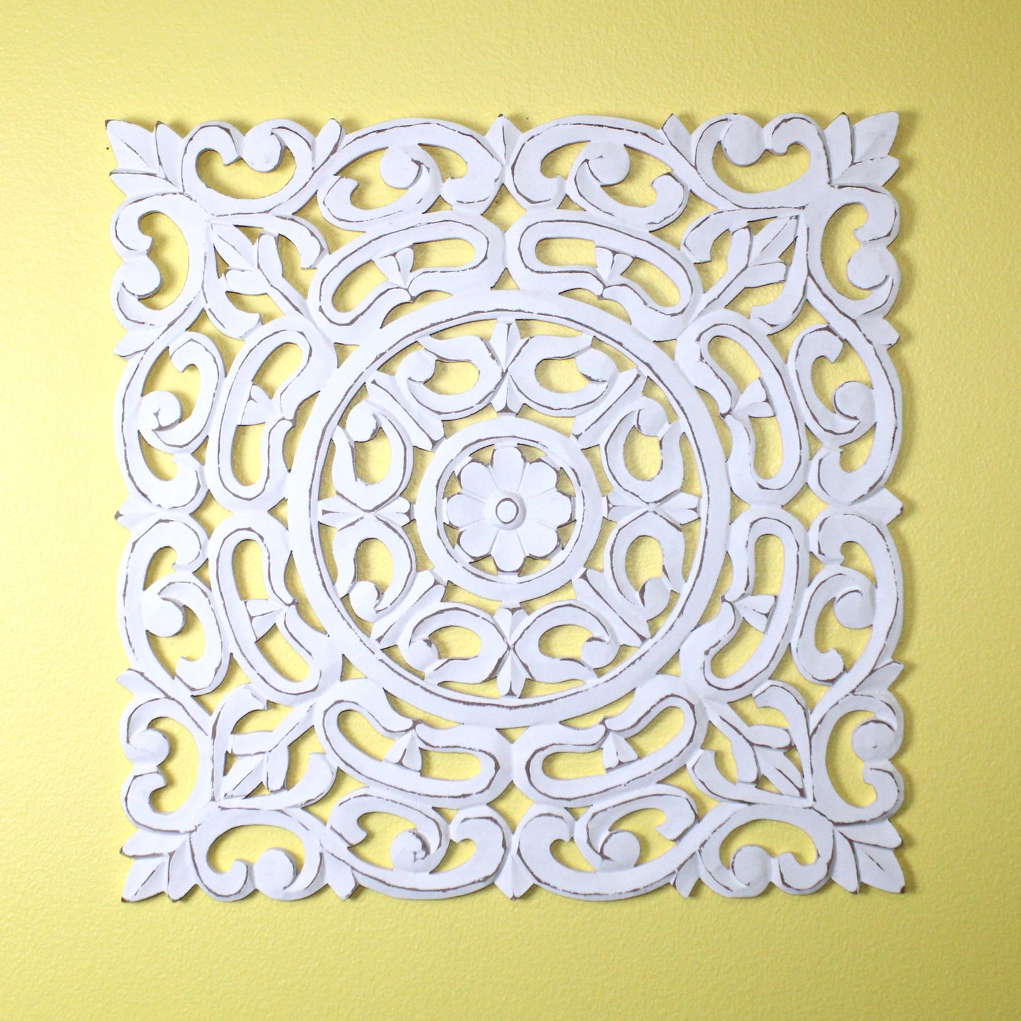 Whitewashed Square Wooden Wall Panel – Carved Floral Scroll Medallion