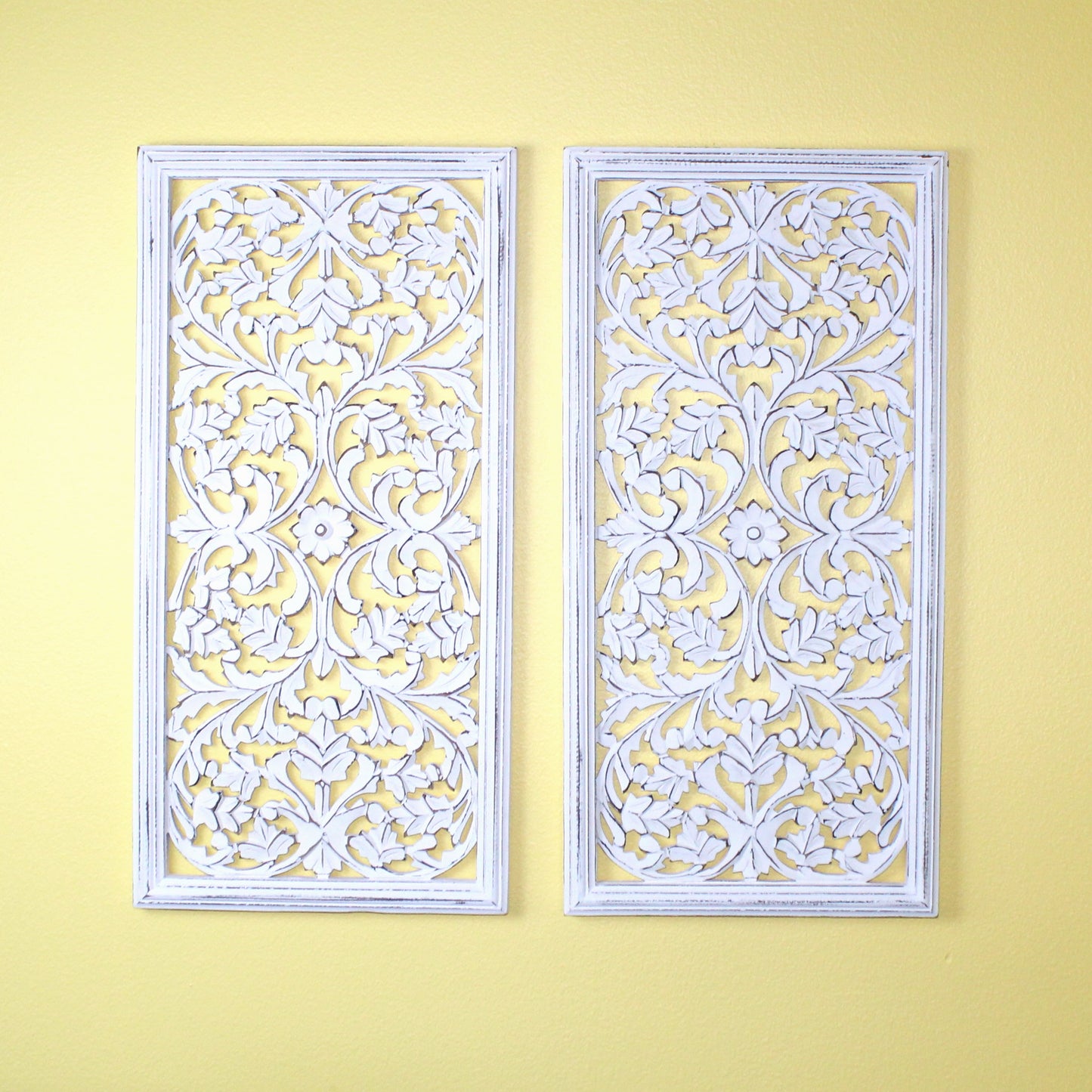 Whitewashed Vertical Carved Wood Wall Panel – 16"x32" Floral Vine Design