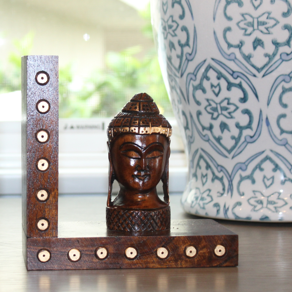 Hand-Carved Wooden Buddha Head Bookends