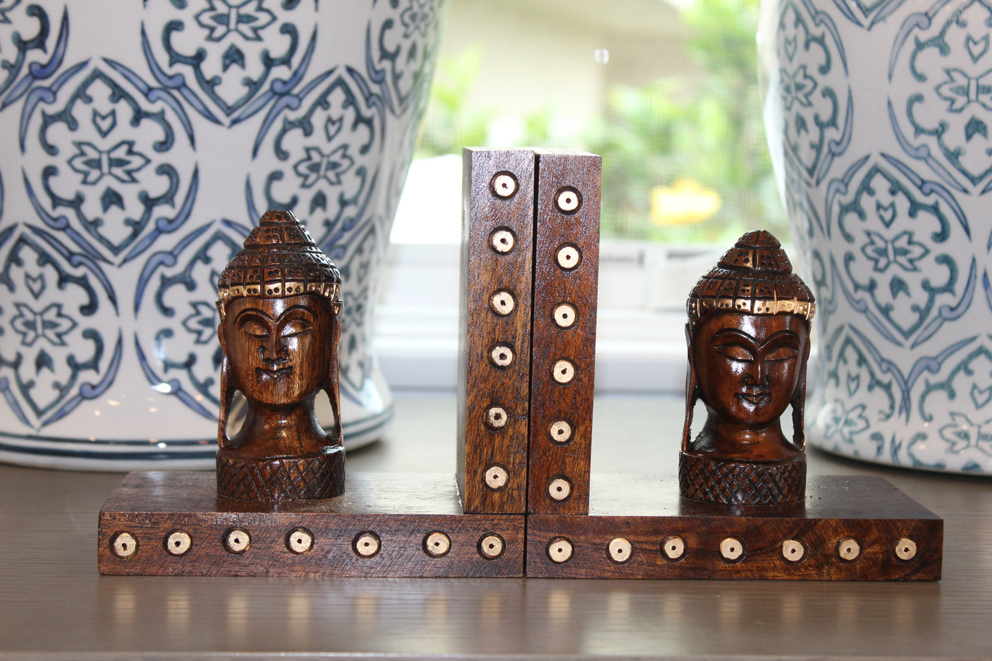 Hand-Carved Wooden Buddha Head Bookends