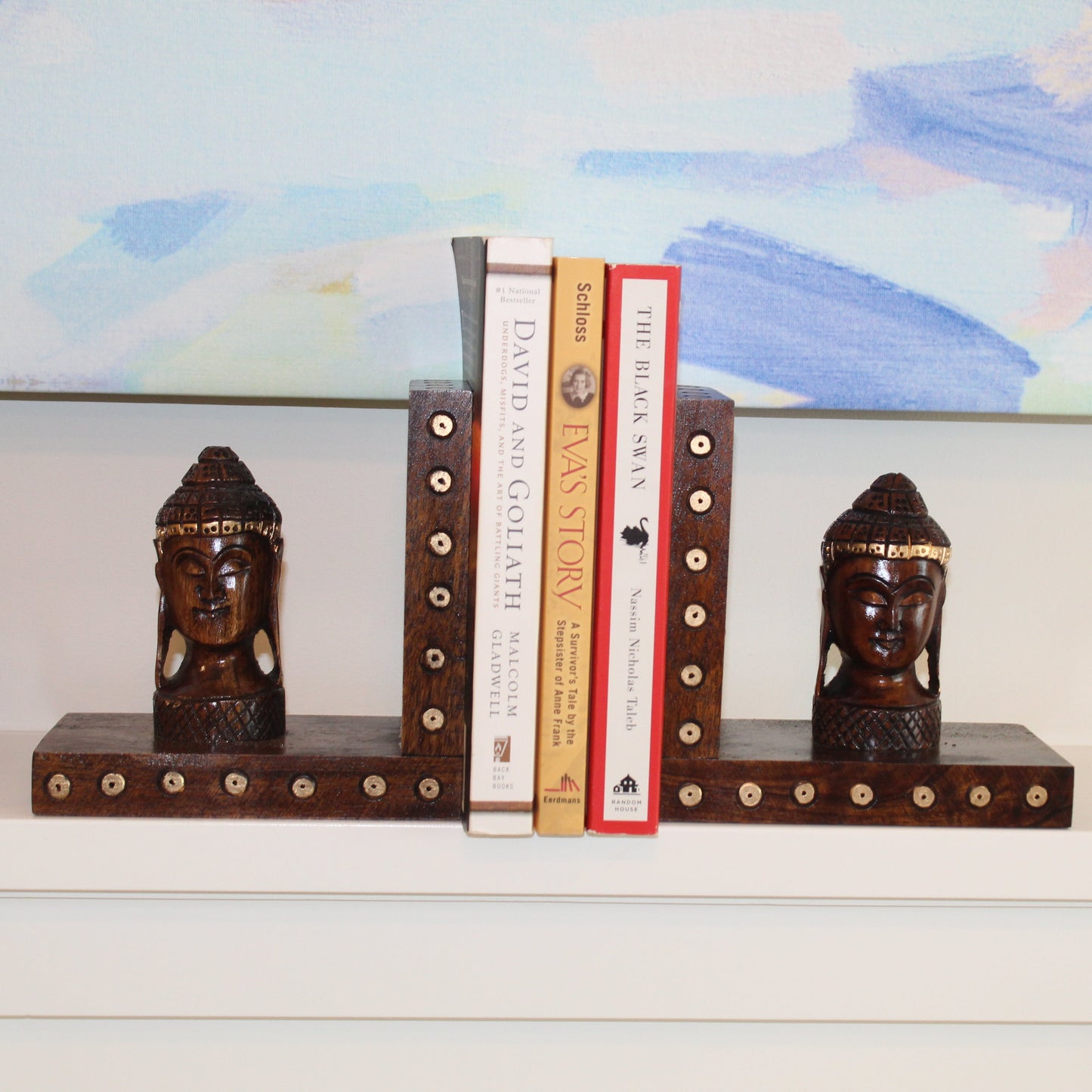 Hand-Carved Wooden Buddha Head Bookends