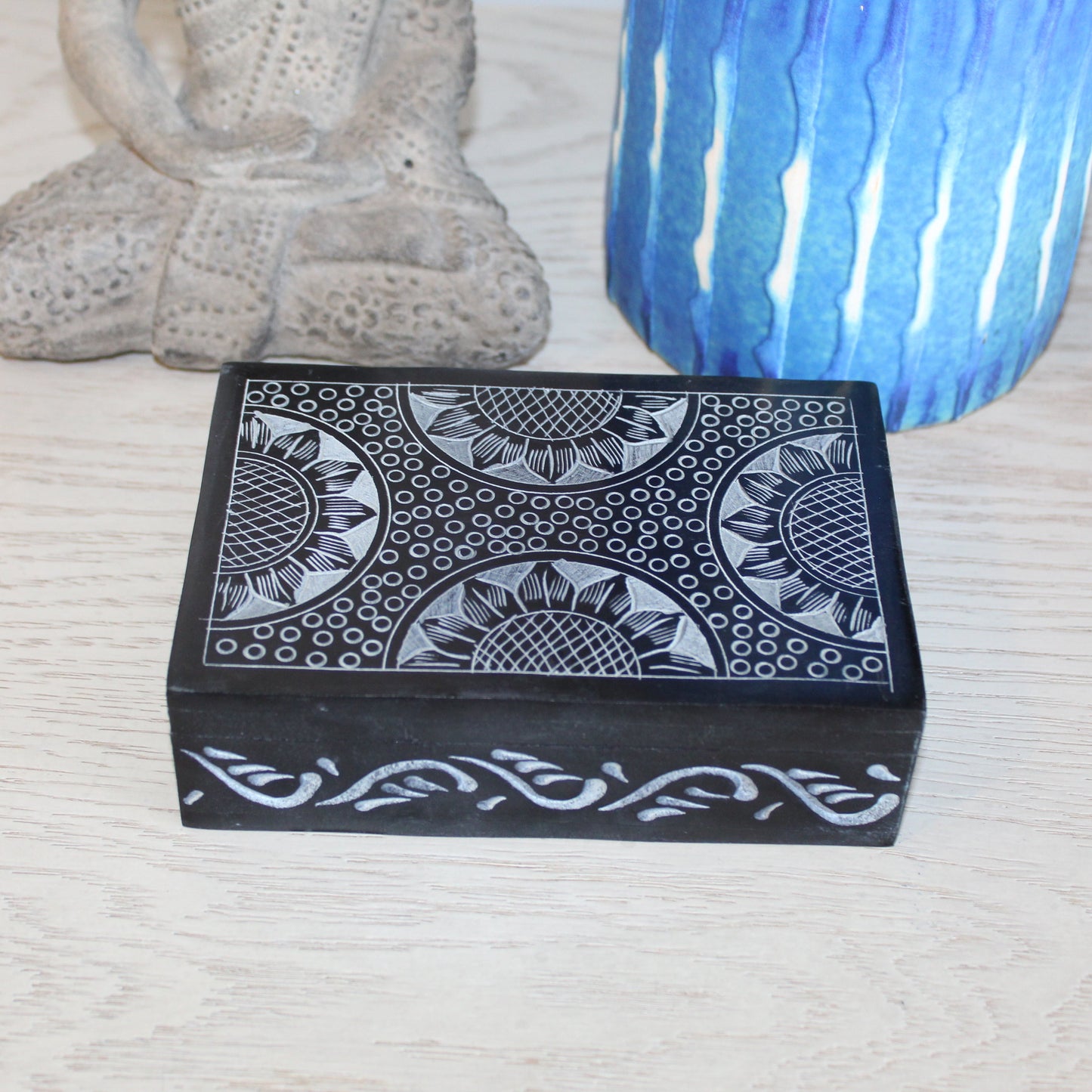 Ebony Bloom Soapstone Box – Hand-Carved Black Trinket Box with Bold Floral Circles