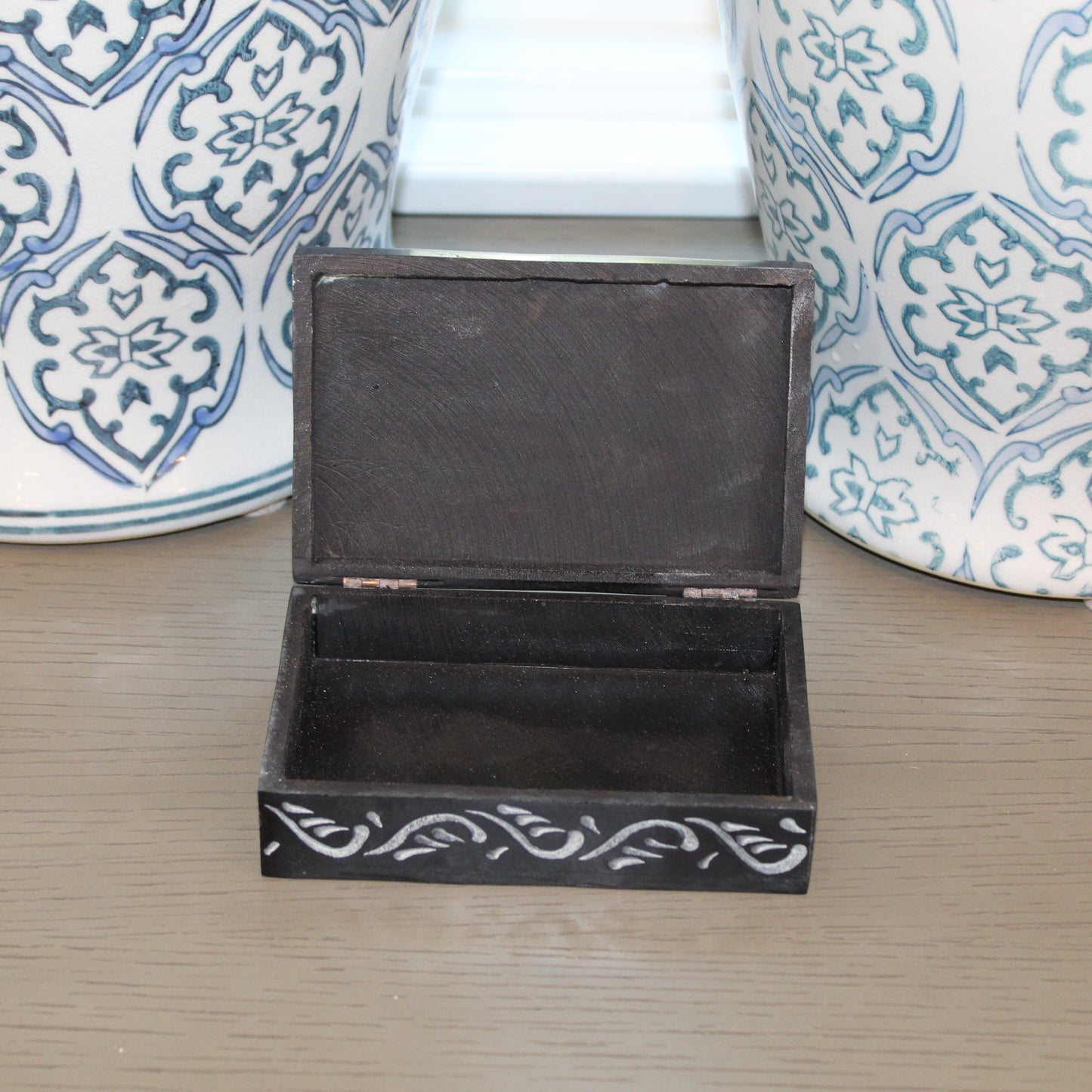 Ebony Bloom Soapstone Box – Hand-Carved Black Trinket Box with Bold Floral Circles