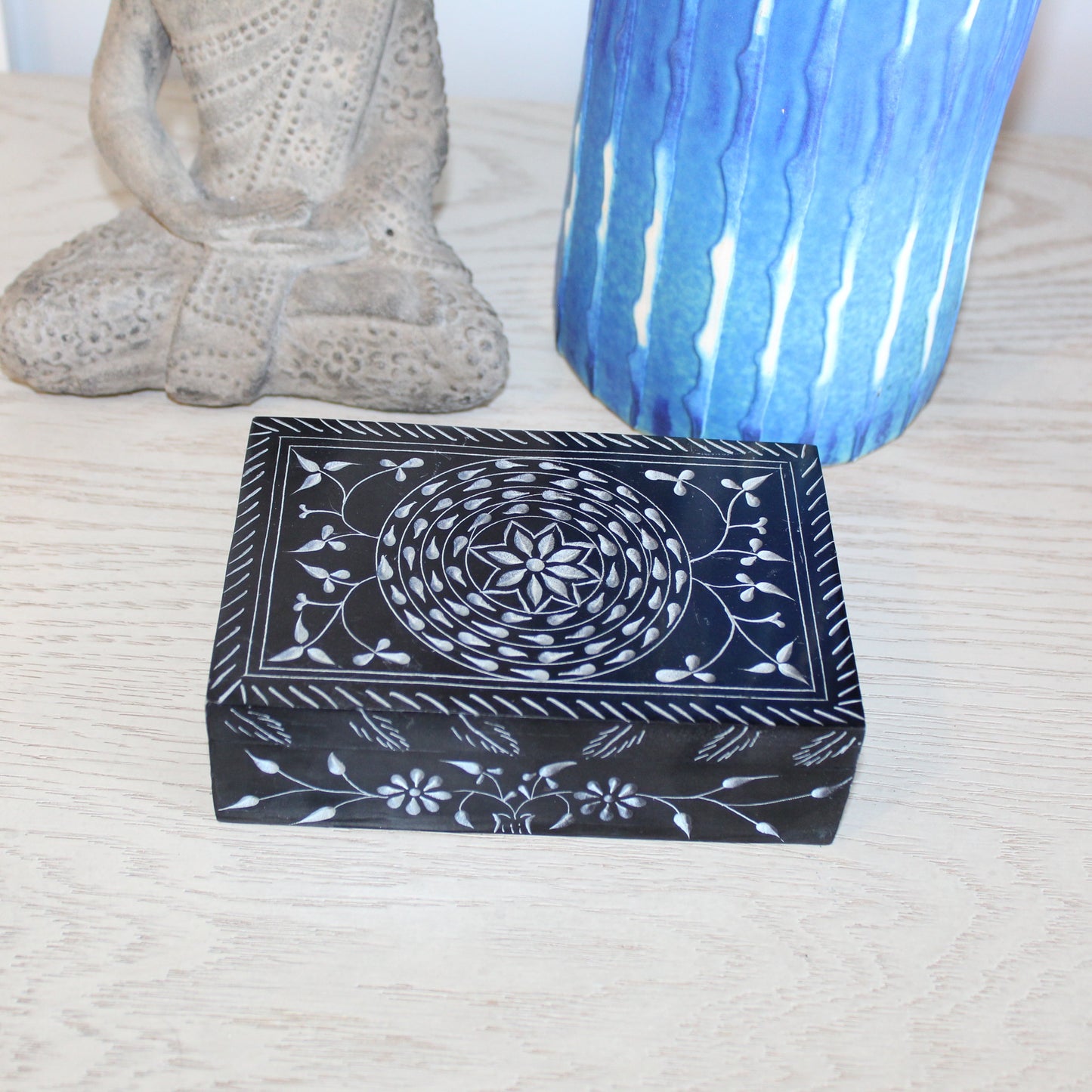 Midnight Lotus Soapstone Jewelry Box – Hand-Carved Black Keepsake with Circular Floral Motif