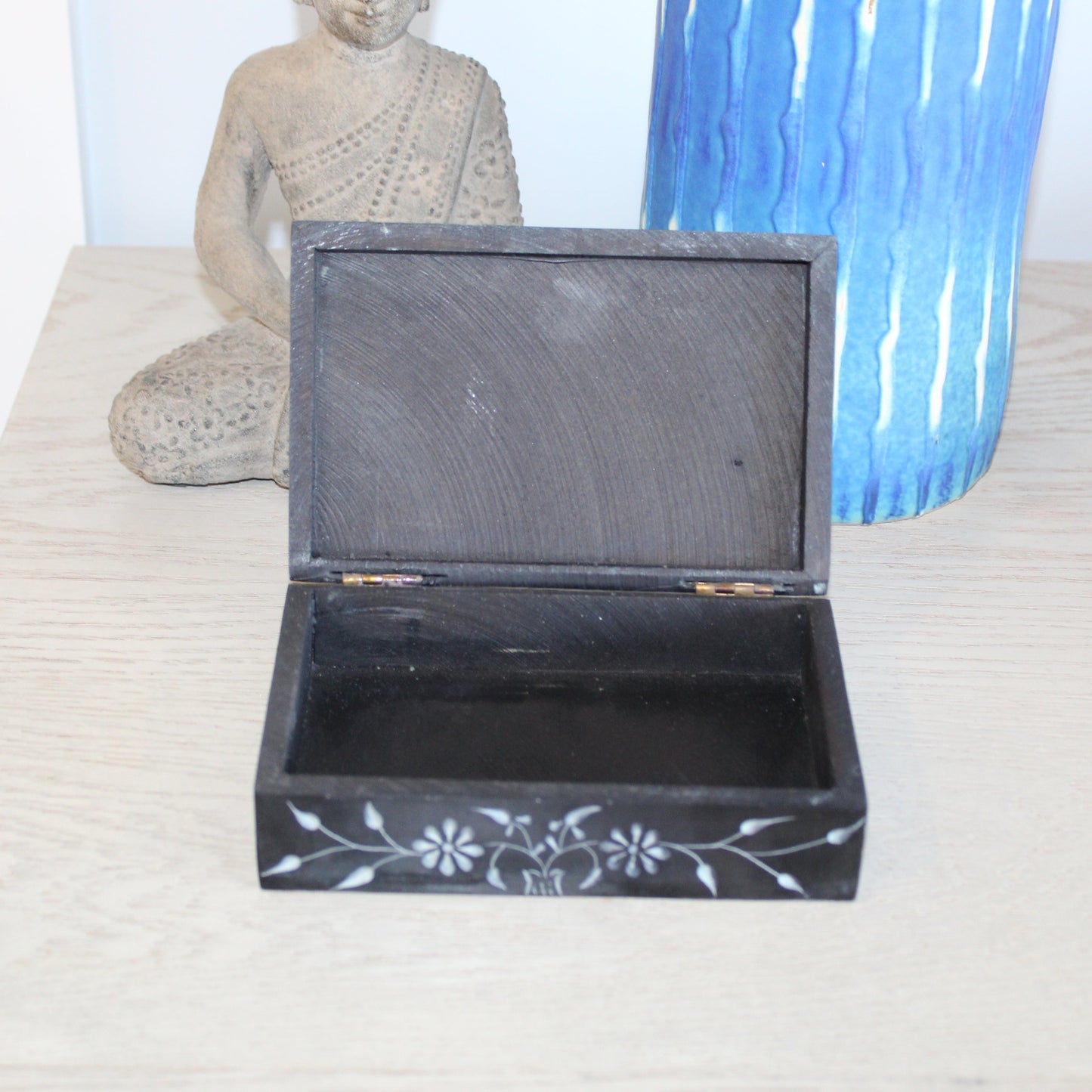 Midnight Lotus Soapstone Jewelry Box – Hand-Carved Black Keepsake with Circular Floral Motif