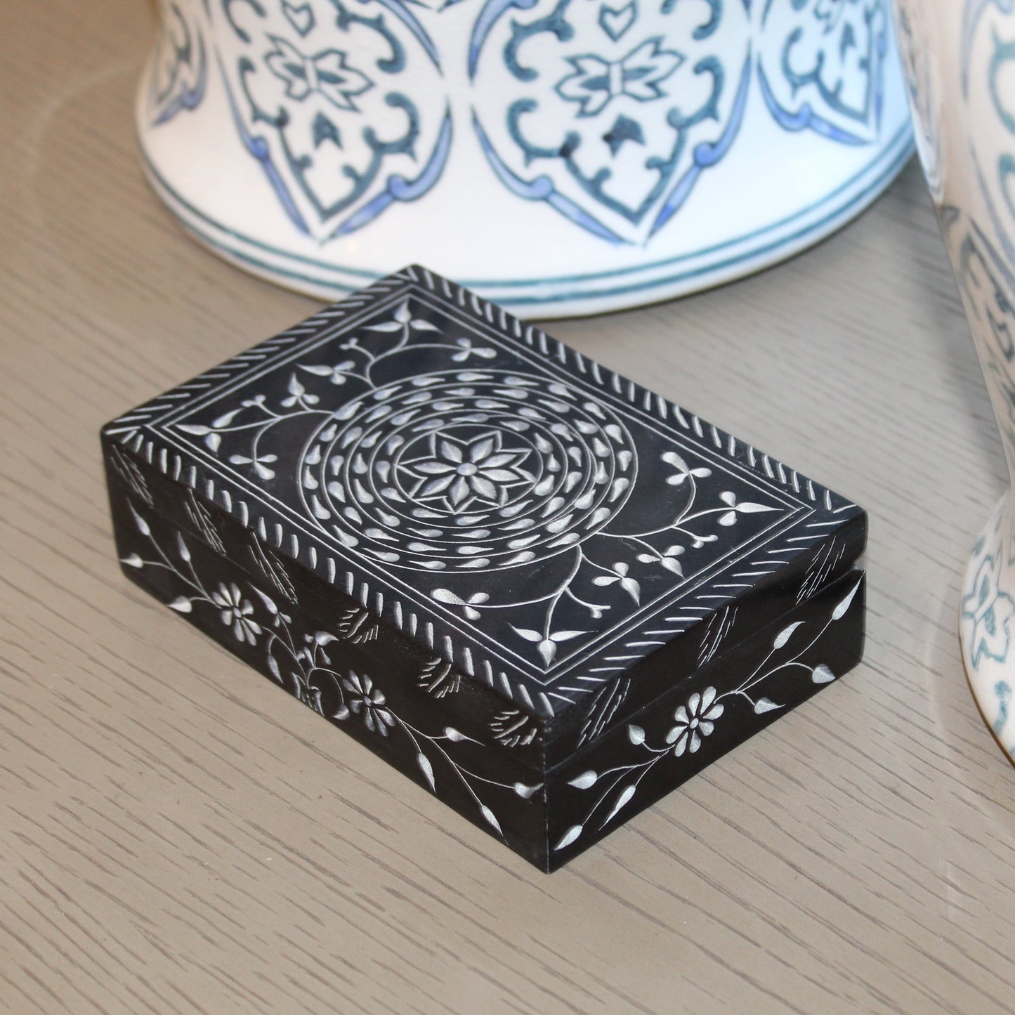 Midnight Lotus Soapstone Jewelry Box – Hand-Carved Black Keepsake with Circular Floral Motif