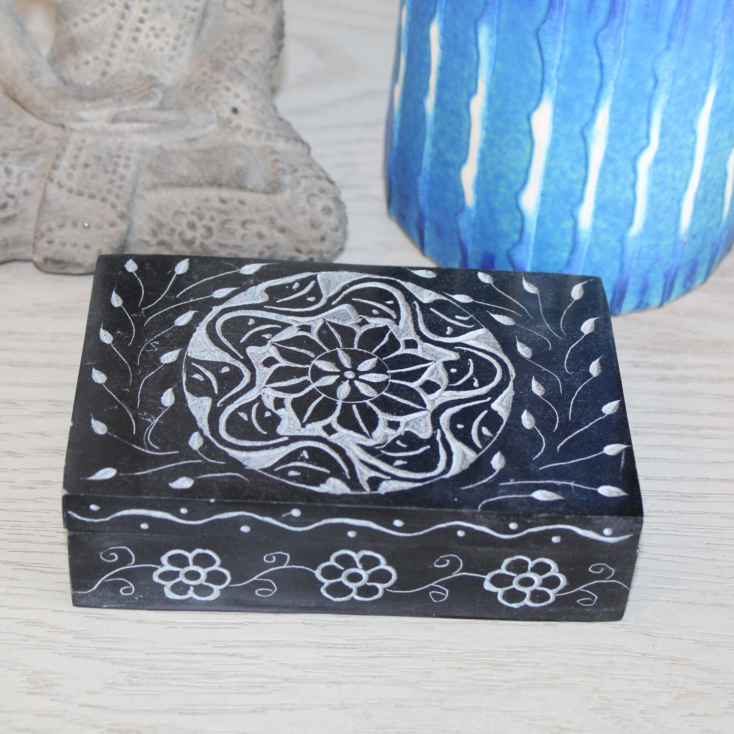 Midnight Mandala Soapstone Box – Hand-Carved Black Trinket Box with Floral Centerpiece