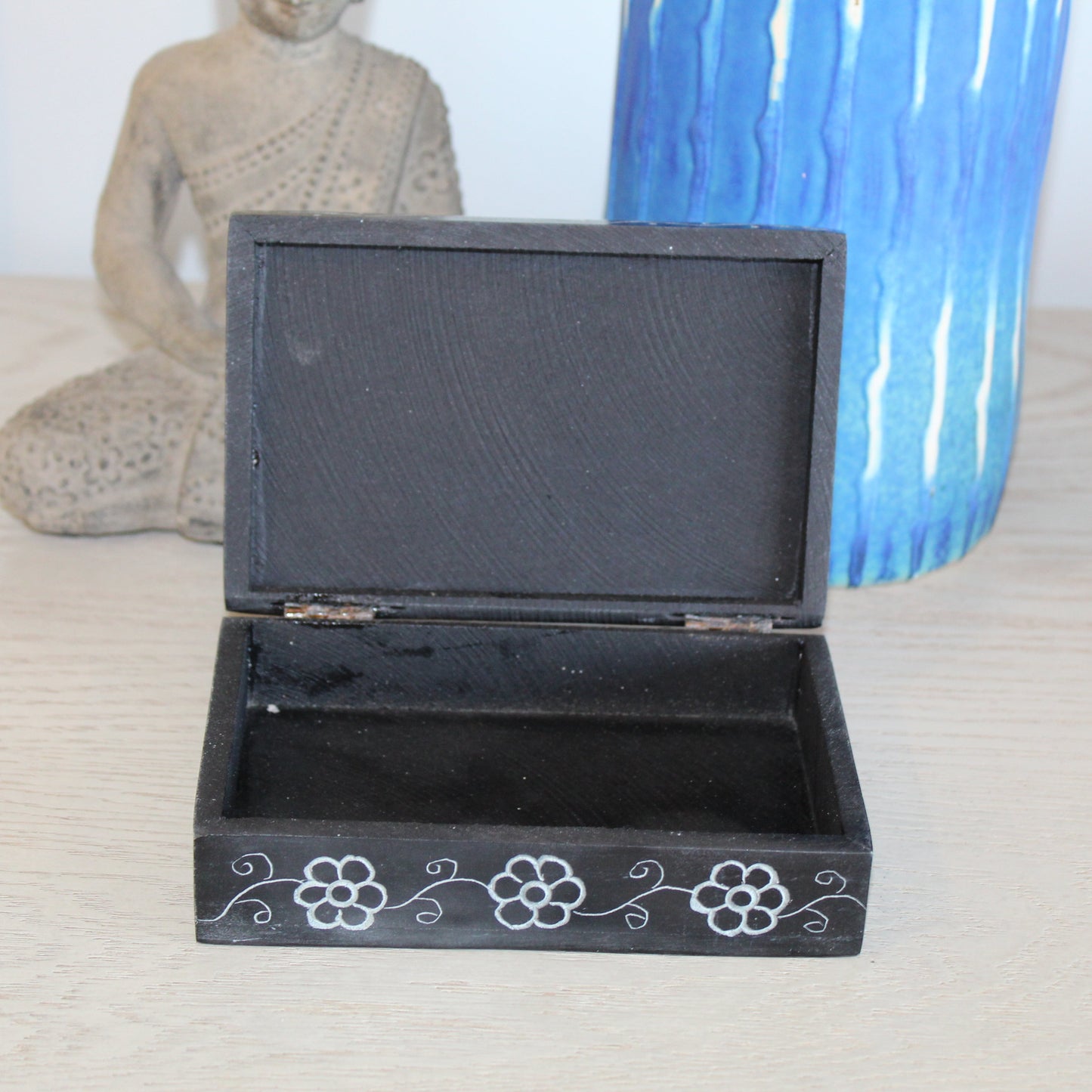 Midnight Mandala Soapstone Box – Hand-Carved Black Trinket Box with Floral Centerpiece