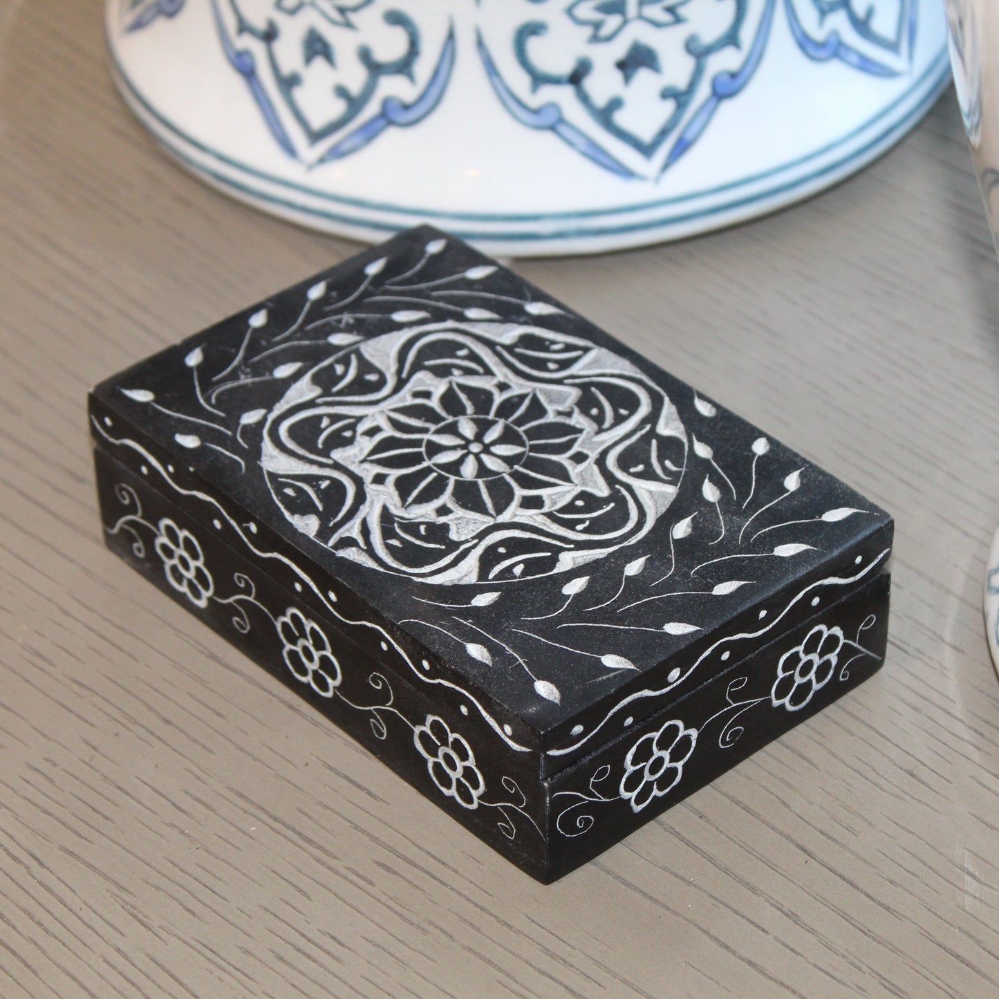 Midnight Mandala Soapstone Box – Hand-Carved Black Trinket Box with Floral Centerpiece