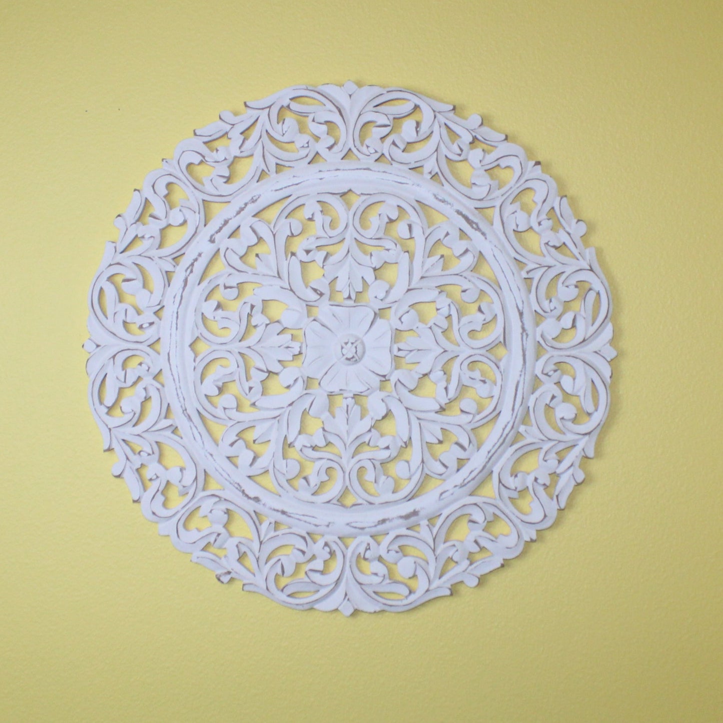 Whitewashed Hand-Carved Wooden Wall Medallion – Ornate Floral Scroll Design
