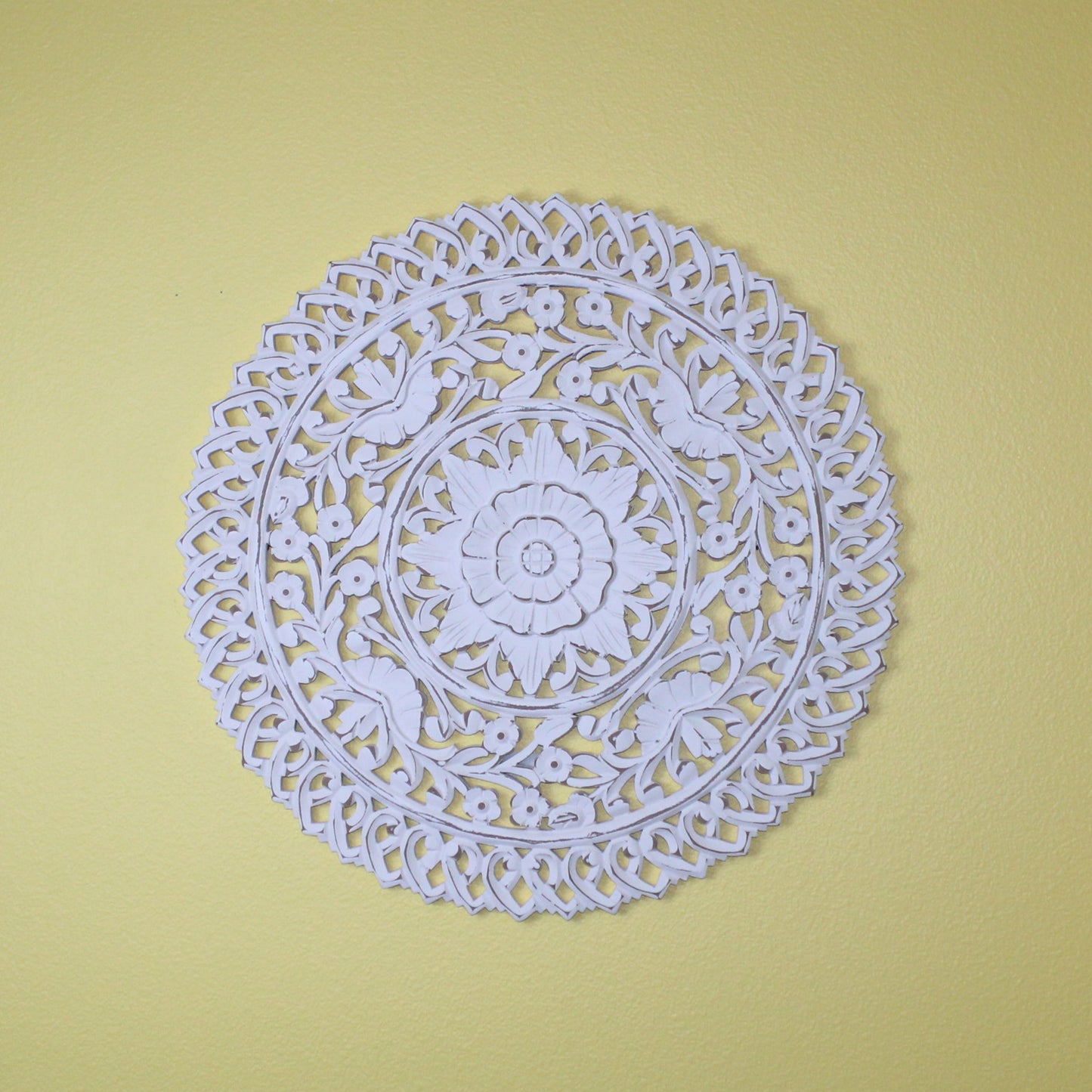 Whitewashed Hand-Carved Round Wall Panel – Floral Sunburst Mandala Design