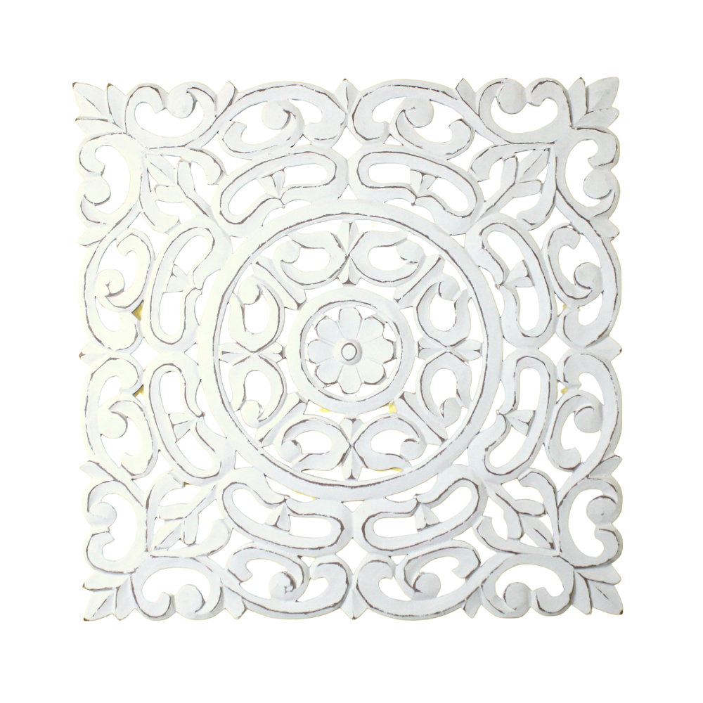 Whitewashed Square Wooden Wall Panel – Carved Floral Scroll Medallion