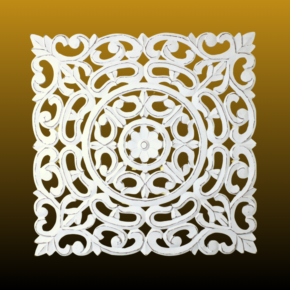 Whitewashed Square Wooden Wall Panel – Carved Floral Scroll Medallion