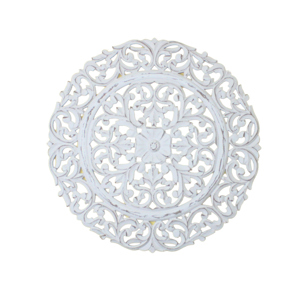 Whitewashed Hand-Carved Wooden Wall Medallion – Ornate Floral Scroll Design
