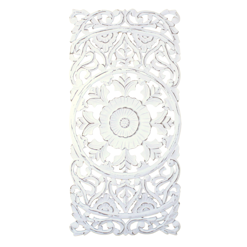 Whitewashed Vertical Carved Wood Wall Panel – Medallion & Scrollwork Design