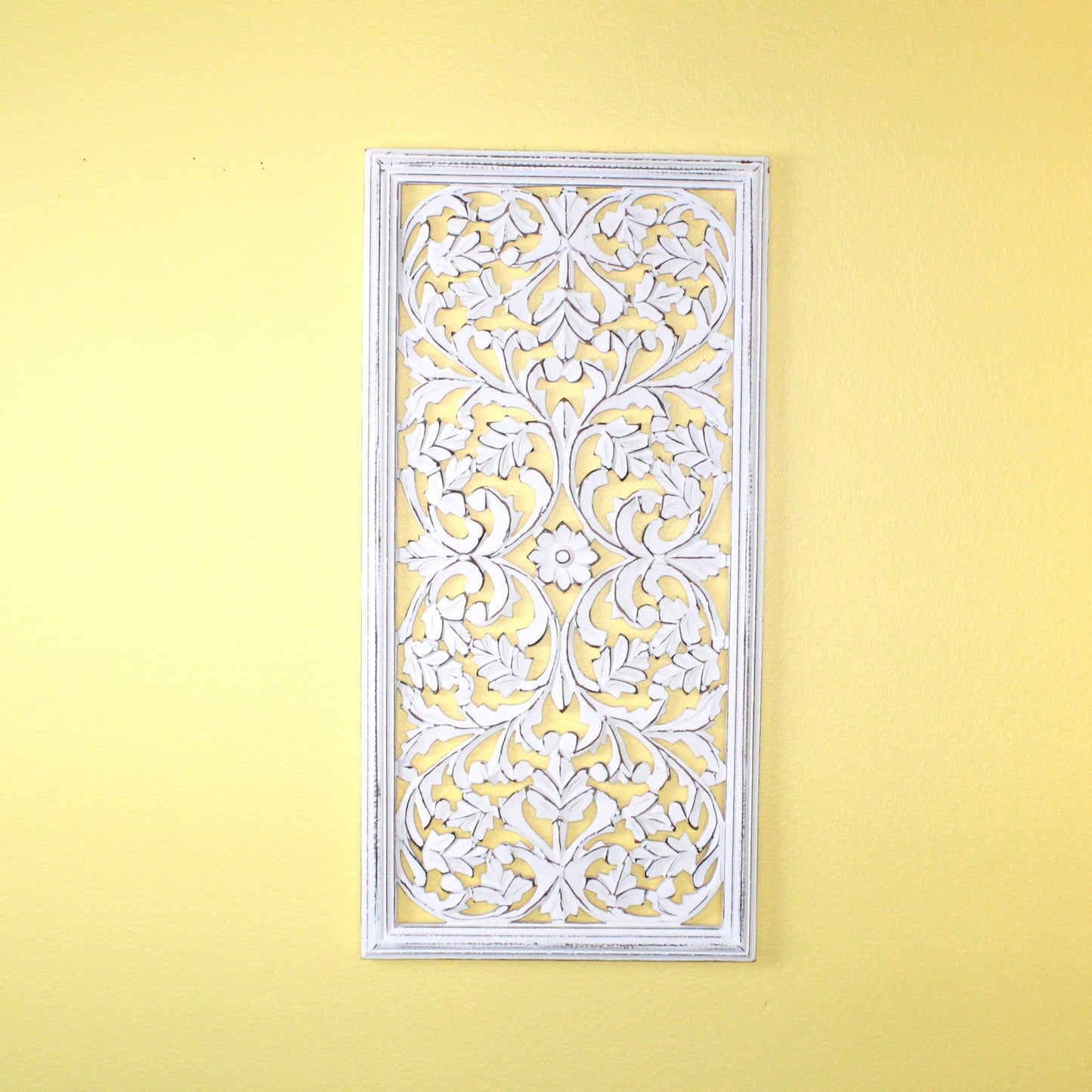 Whitewashed Vertical Carved Wood Wall Panel – 16"x32" Floral Vine Design