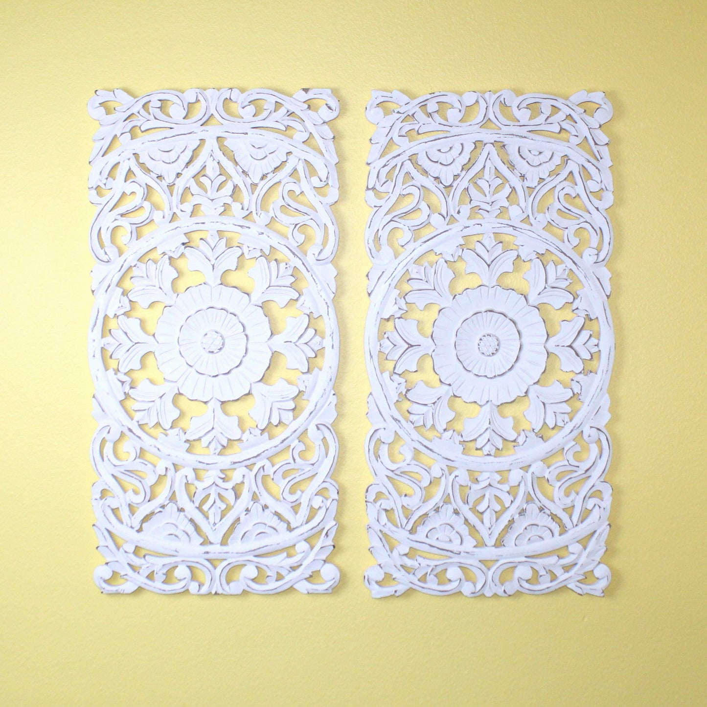 Whitewashed Vertical Carved Wood Wall Panel – Medallion & Scrollwork Design