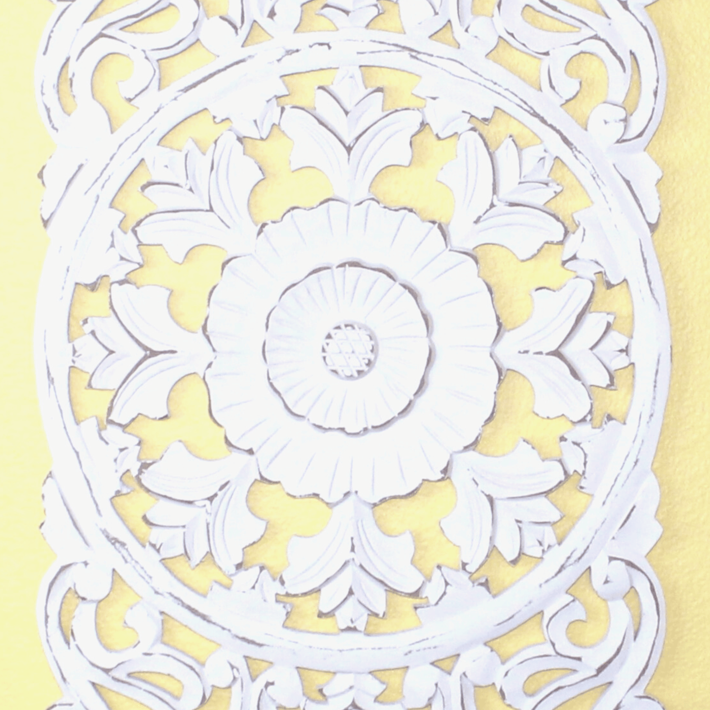 Whitewashed Vertical Carved Wood Wall Panel – Medallion & Scrollwork Design