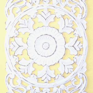 Whitewashed Vertical Carved Wood Wall Panel – Medallion & Scrollwork Design