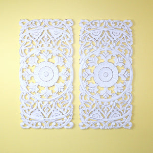 Whitewashed Vertical Carved Wood Wall Panel – Medallion & Scrollwork Design