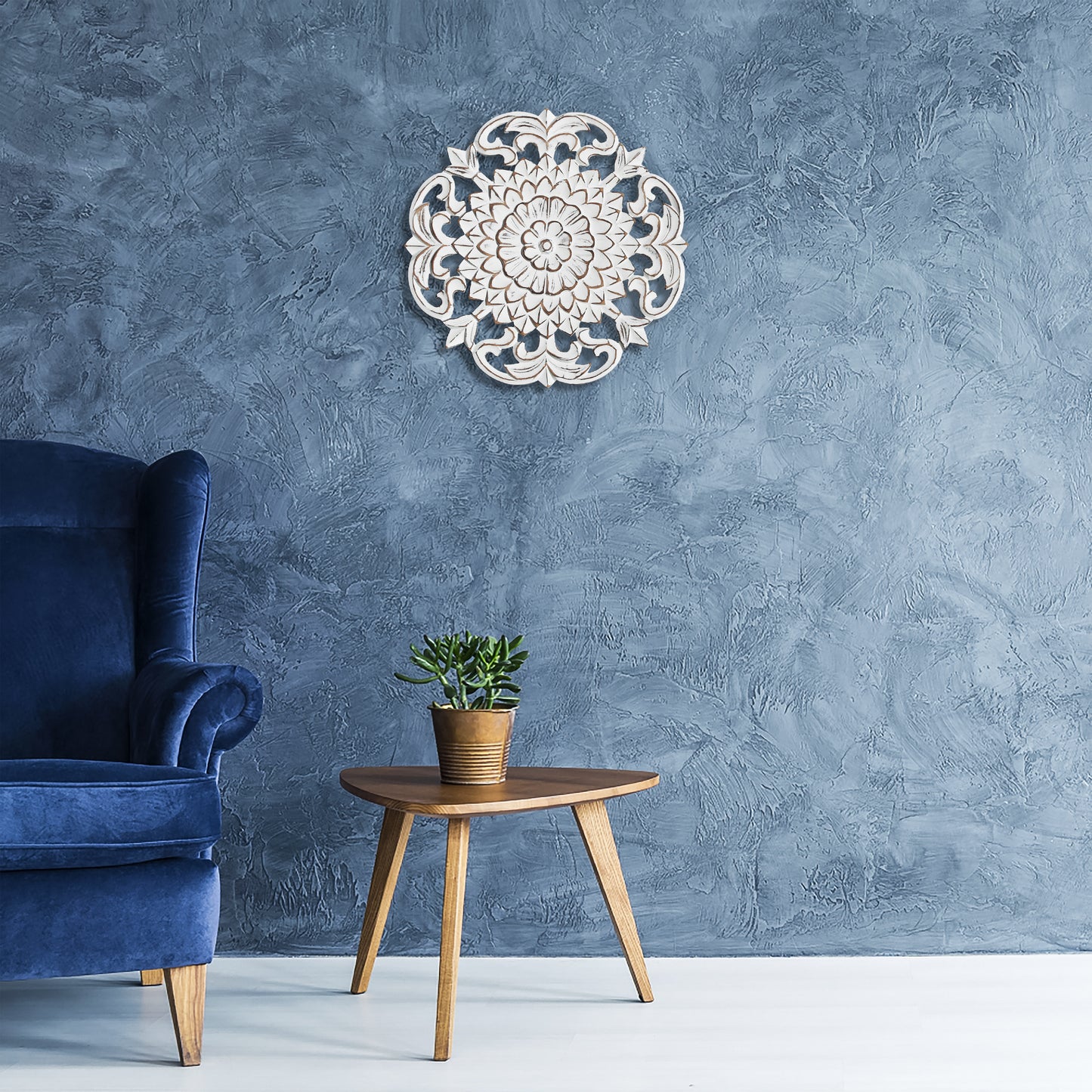 16" Whitewashed Hand-Carved Floral Burst Wooden Wall Medallion