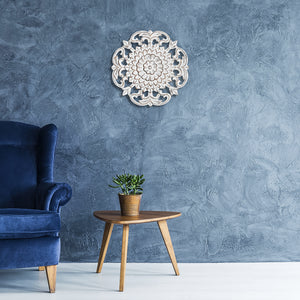 16" Whitewashed Hand-Carved Floral Burst Wooden Wall Medallion