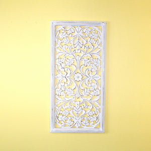 Whitewashed Vertical Carved Wood Wall Panel – 16"x32" Floral Vine Design