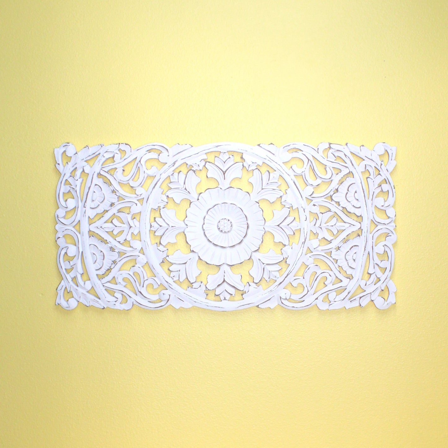 Whitewashed Vertical Carved Wood Wall Panel – Medallion & Scrollwork Design