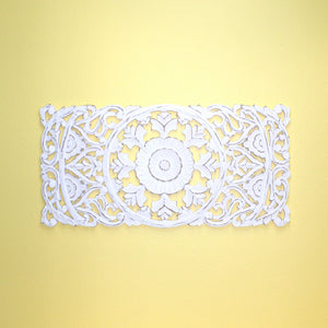Whitewashed Vertical Carved Wood Wall Panel – Medallion & Scrollwork Design