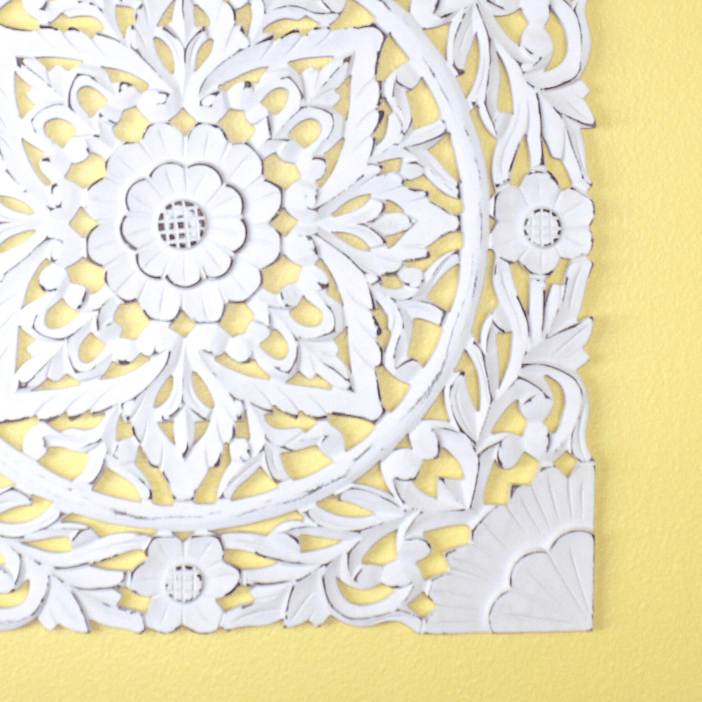 Whitewashed Floral Starburst Carved Wood Wall Panel – Square Mandala Design