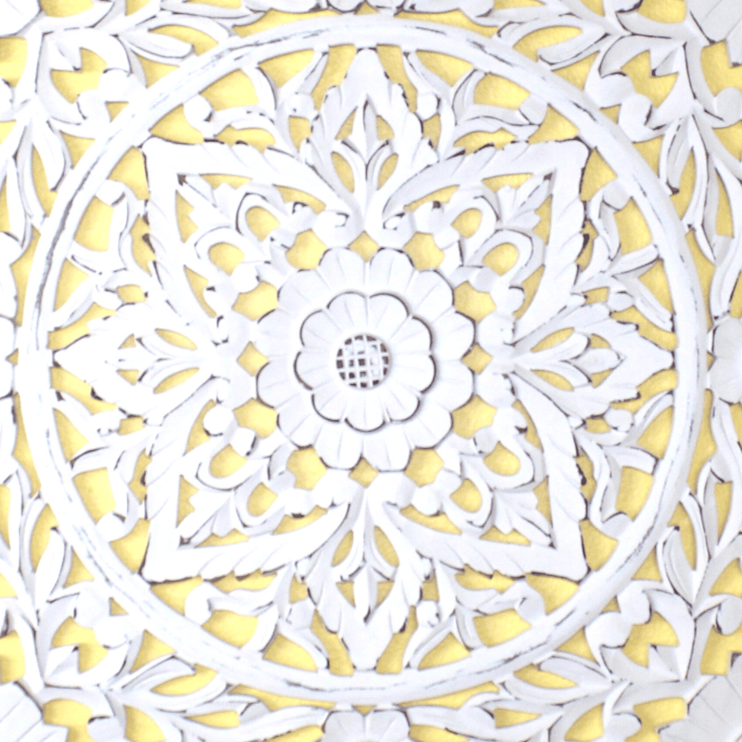 Whitewashed Floral Starburst Carved Wood Wall Panel – Square Mandala Design