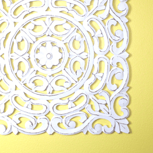 Whitewashed Square Wooden Wall Panel – Carved Floral Scroll Medallion