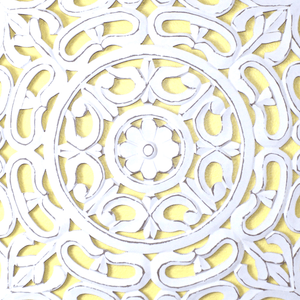 Whitewashed Square Wooden Wall Panel – Carved Floral Scroll Medallion