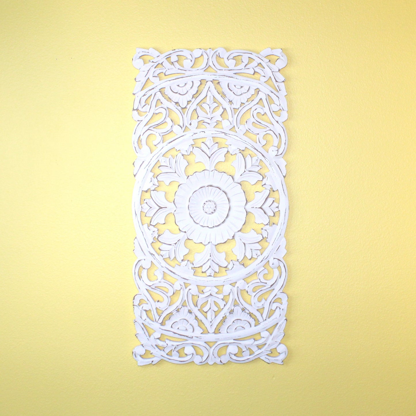 Whitewashed Vertical Carved Wood Wall Panel – Medallion & Scrollwork Design