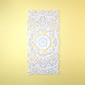 Whitewashed Vertical Carved Wood Wall Panel – Medallion & Scrollwork Design