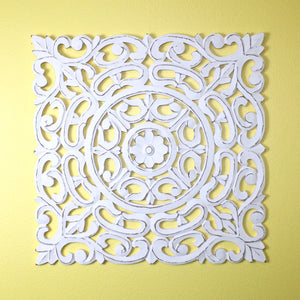 Whitewashed Square Wooden Wall Panel – Carved Floral Scroll Medallion