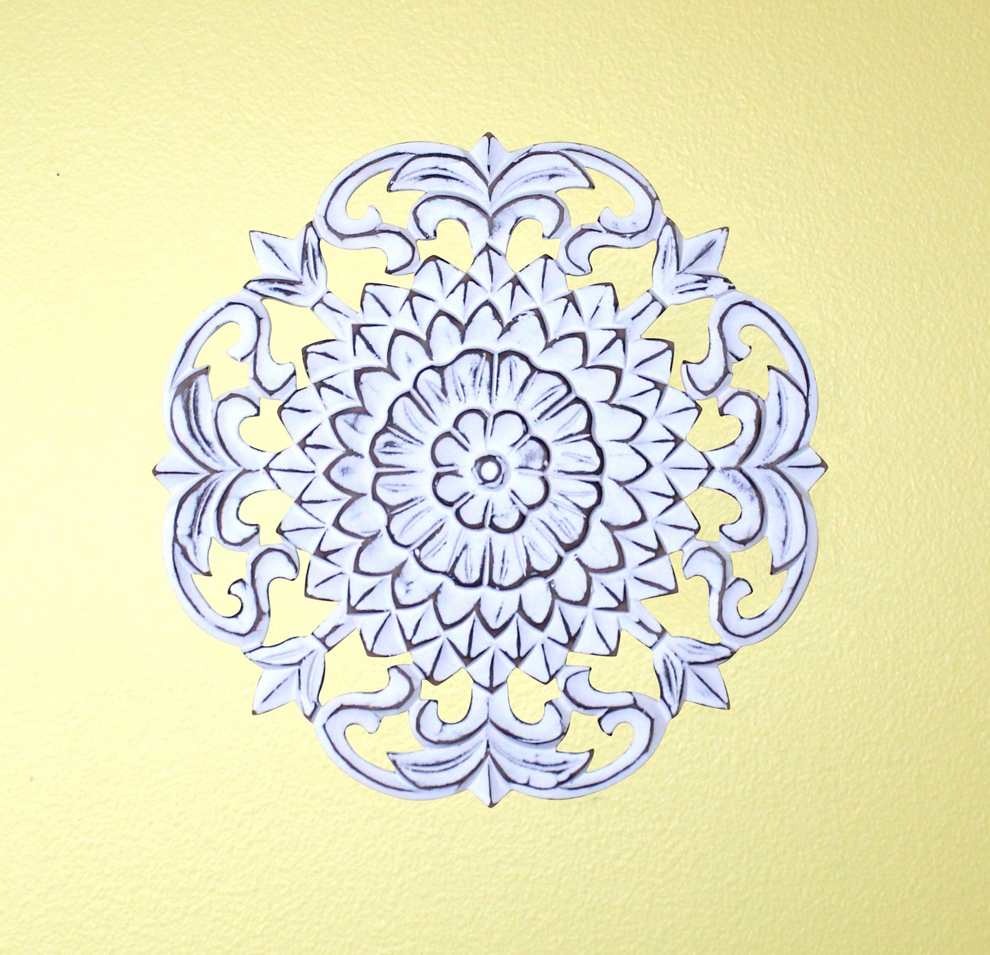 16" Whitewashed Hand-Carved Floral Burst Wooden Wall Medallion