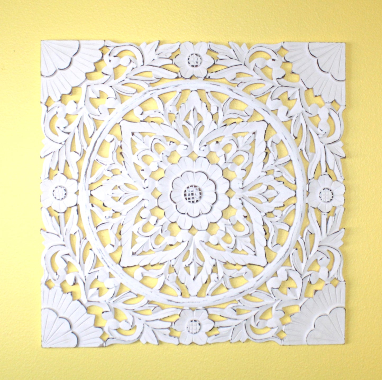 Whitewashed Floral Starburst Carved Wood Wall Panel – Square Mandala Design