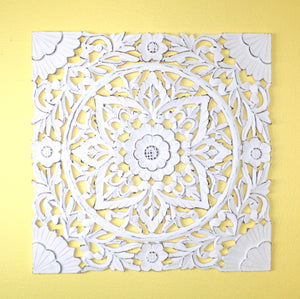 Whitewashed Floral Starburst Carved Wood Wall Panel – Square Mandala Design