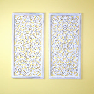 Whitewashed Vertical Carved Wood Wall Panel – 16"x32" Floral Vine Design