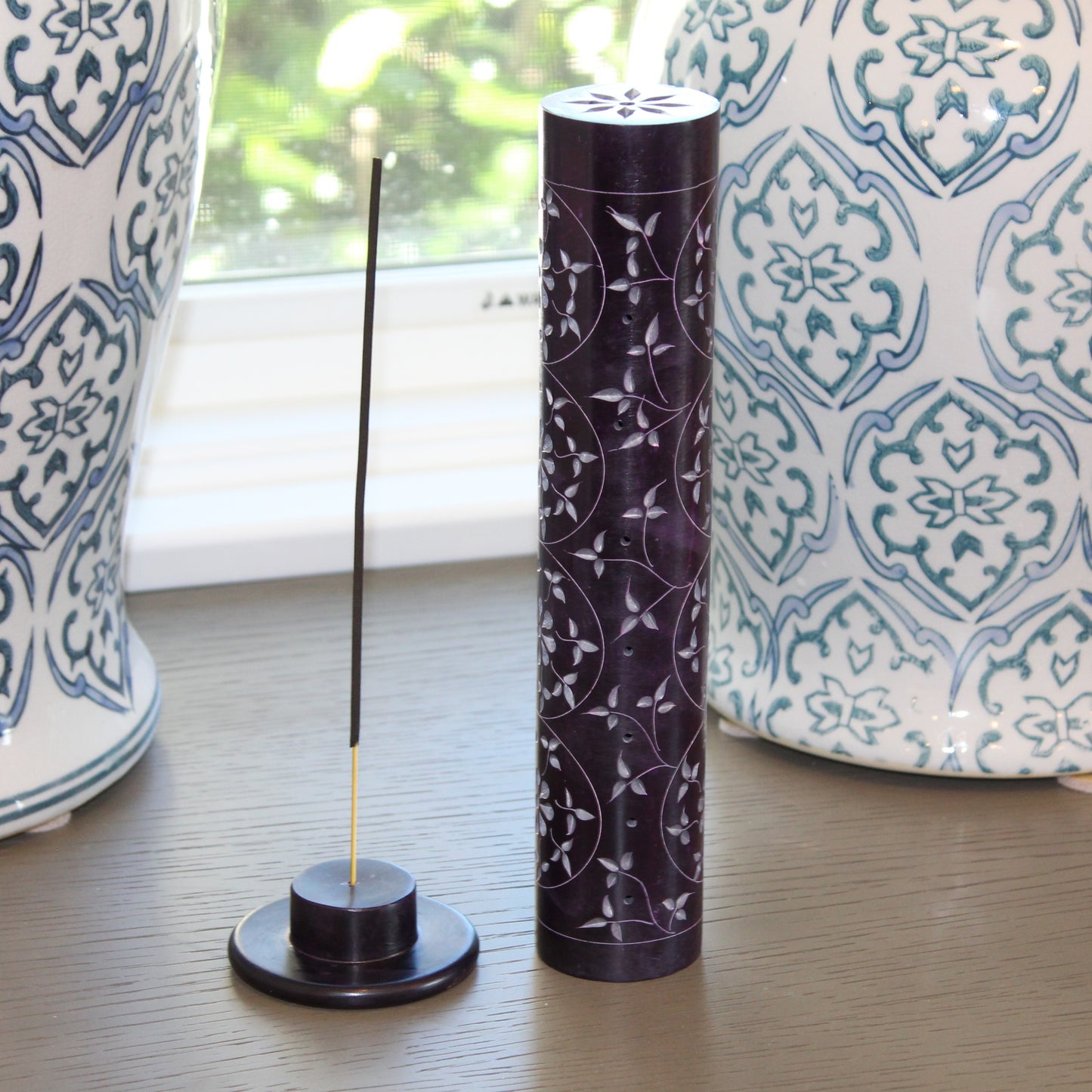 Amethyst Bloom – Hand-Carved Soapstone Incense Tower