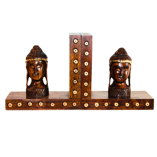 Hand-Carved Wooden Buddha Head Bookends