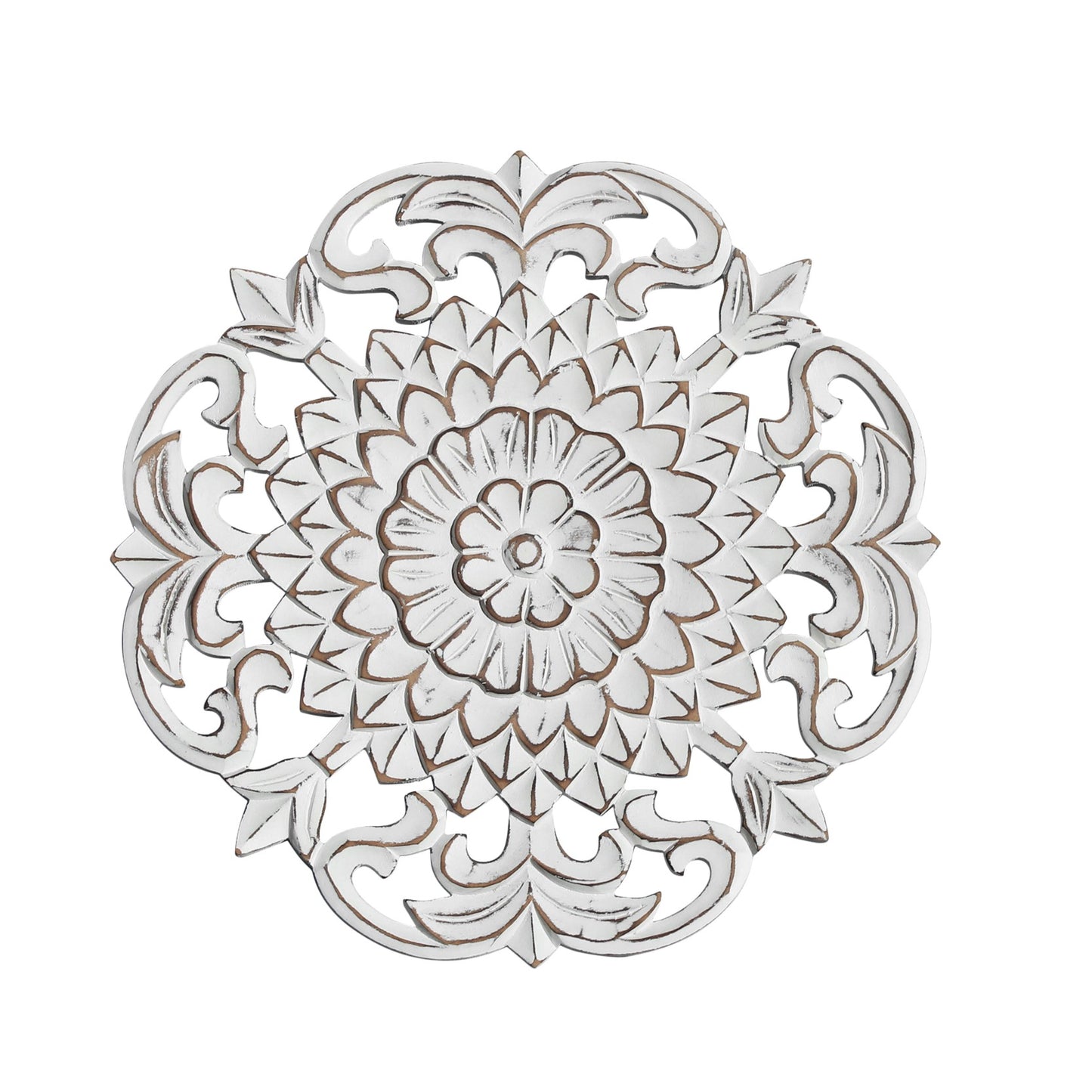 16" Whitewashed Hand-Carved Floral Burst Wooden Wall Medallion