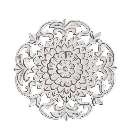 16" Whitewashed Hand-Carved Floral Burst Wooden Wall Medallion