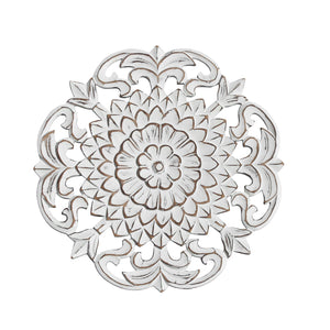 16" Whitewashed Hand-Carved Floral Burst Wooden Wall Medallion