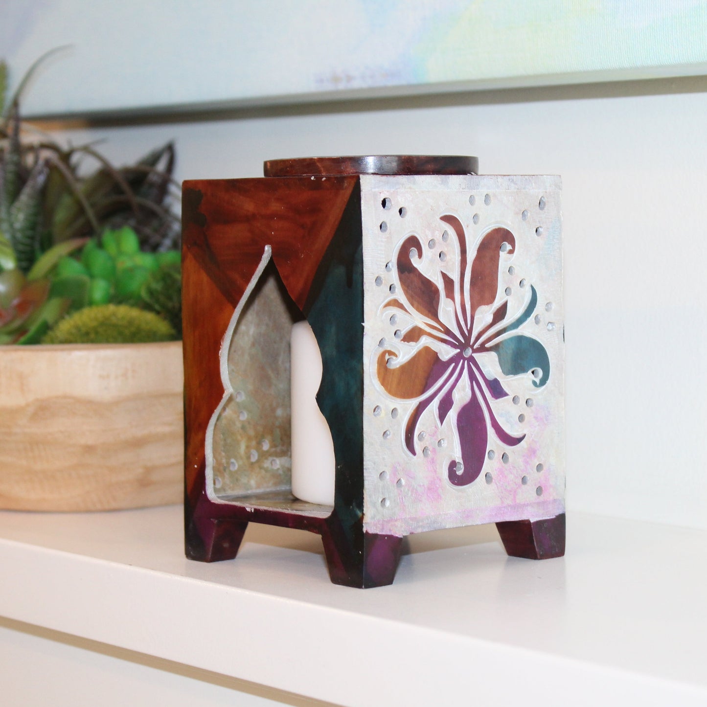 Handcrafted Multicolor Soapstone Oil Burner – Floral Carved Aromatherapy Diffuser