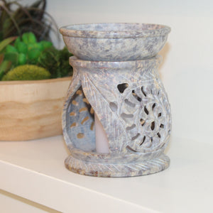 Hand-Carved Floral Lattice Soapstone Oil Burner