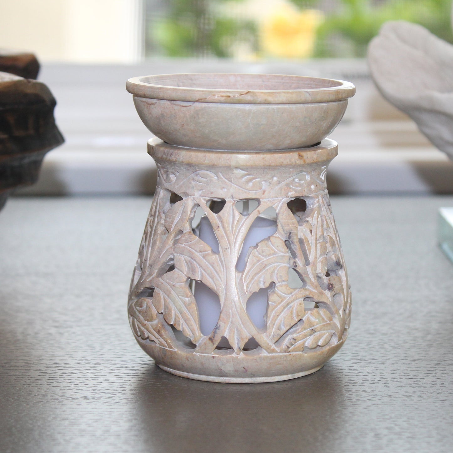 Hand-Carved Leaf Motif Soapstone Oil Burner